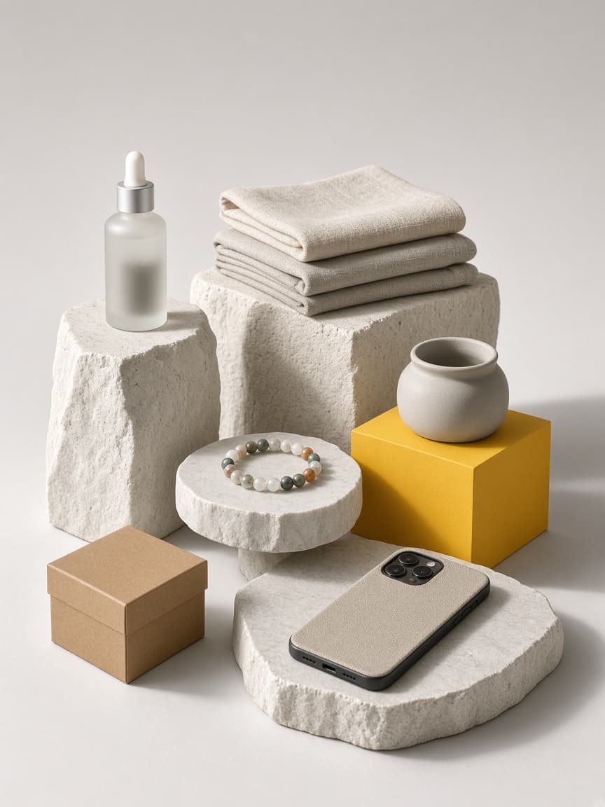 Studio still life of unbranded products — a serum bottle, folded linen, a gemstone bracelet, a ceramic jar, a phone case and a gift box — arranged on stone plinths